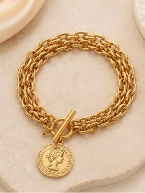 Vintage Gold Coin Charm Bracelet | Multi-Layer Chain Bracelet | Toggle Clasp